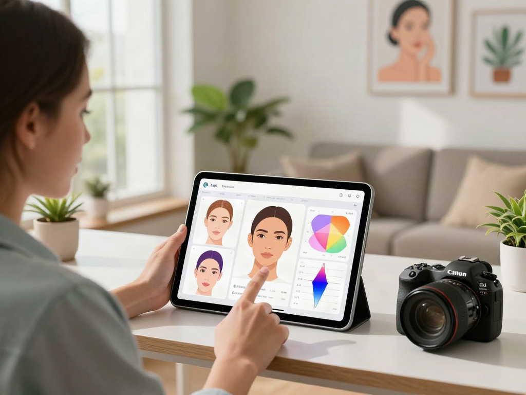 Engaging user taking an attractiveness test with AI technology in a modern workspace.