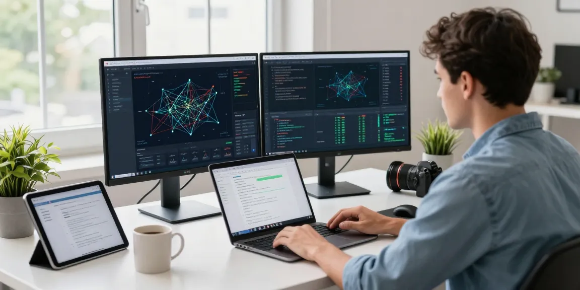 快连 network optimization workspace with software developer analyzing network performance.