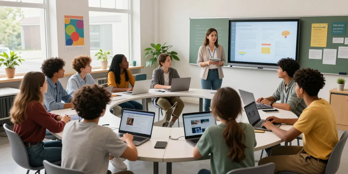 Students learning more in a modern classroom with collaborative discussions and technology.