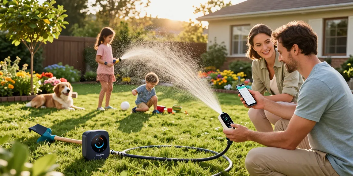 Family using a RainPoint wifi water timer in a lush garden to automate watering.