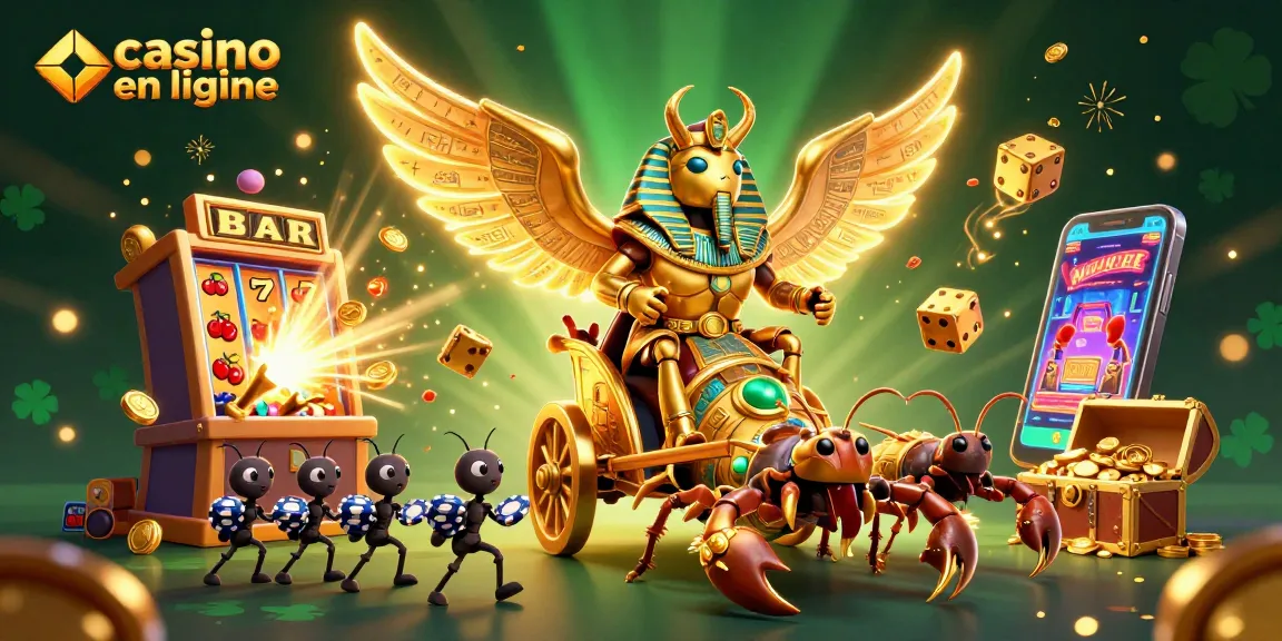Jouer au casino en ligne avec un scarabée doré et des scorpions dans un décor dynamique.