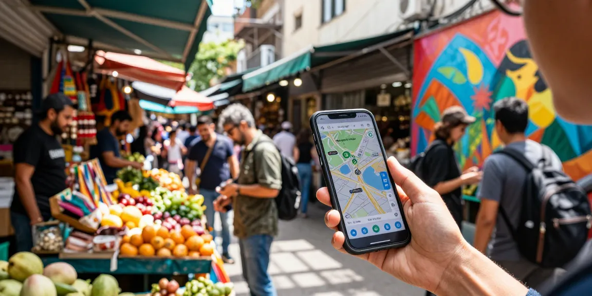 Engaging urban scene with a traveler using a local guide app to explore vibrant street market.