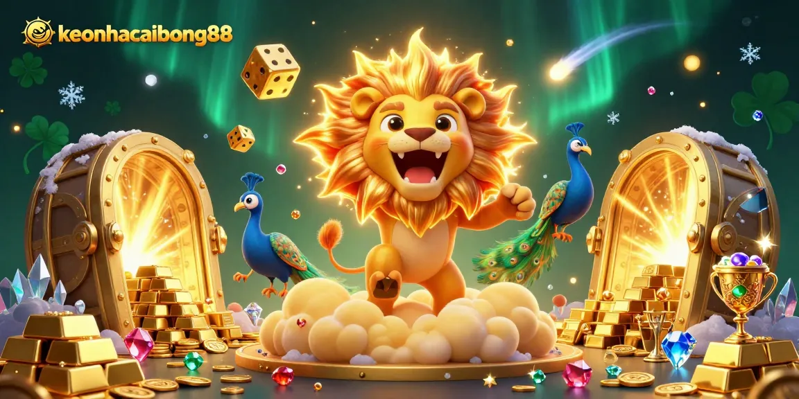 Engage with keonhacaibong88 in a vibrant gaming illustration showcasing fiery lion and golden treasures.