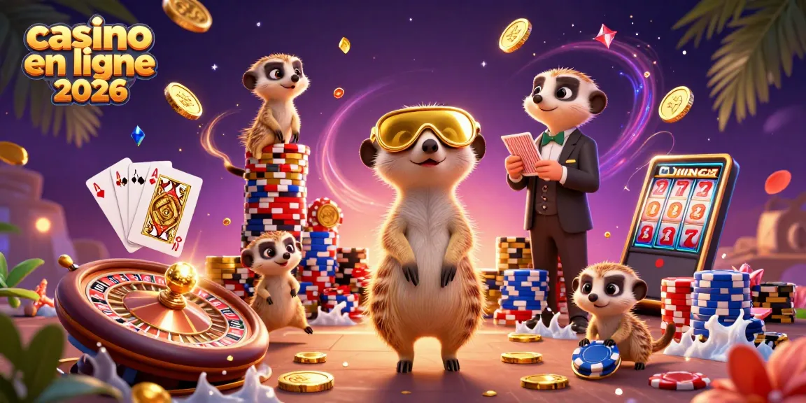 Gagnez gros au casino en ligne 2026 avec une illustration animée de meerkats gérant un casino palpitant.