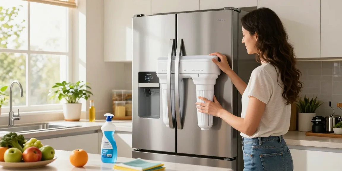 AQUA CREST DW2042FR-09 Refrigerator Water Filter being replaced in a bright modern kitchen.