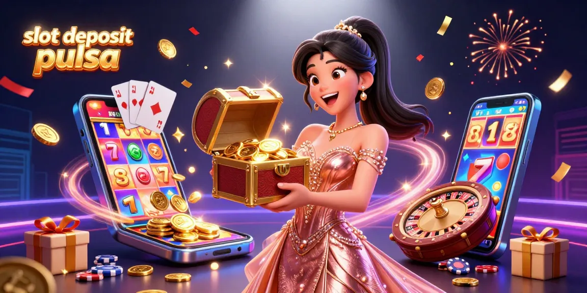 Engage with slot deposit pulsa games, featuring a joyful woman presenting treasures amidst colorful casino elements.