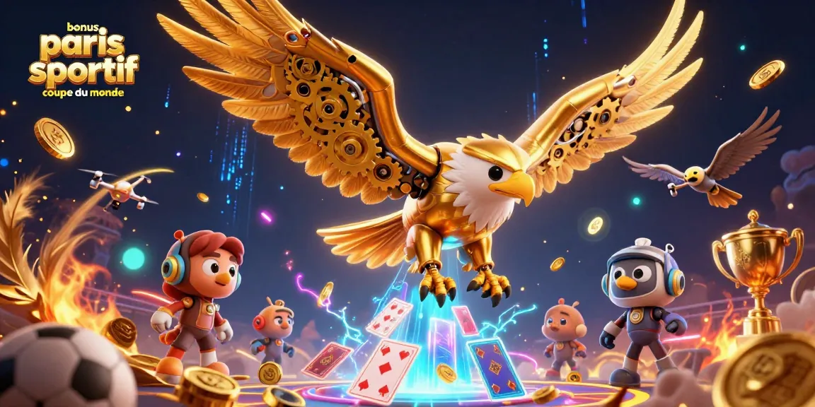 Bonus paris sportif coupe du monde : plongez dans l'univers des paris sportifs avec un aigle cybernétique au-dessus d'une arène.