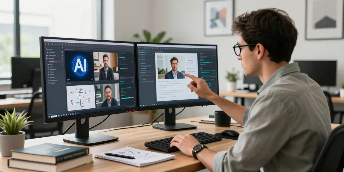 Data scientist using ai image detector tool on dual monitors in a modern workspace.