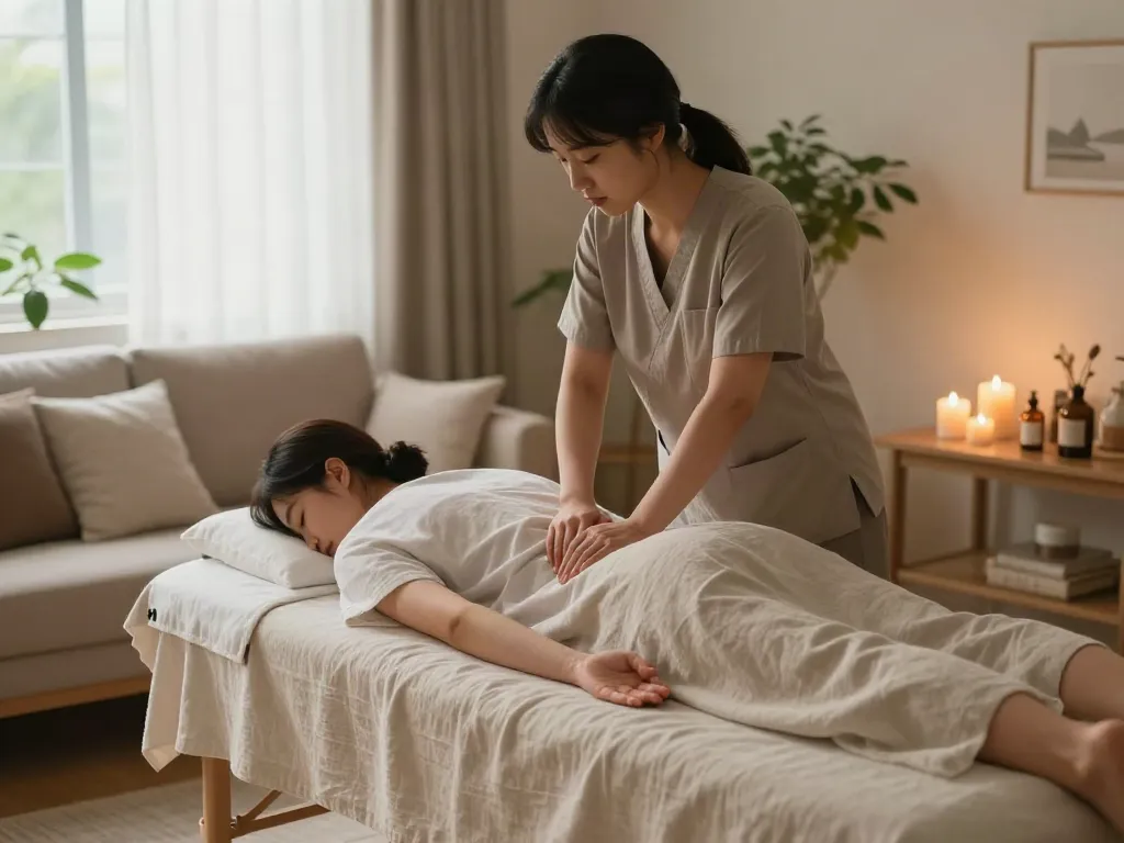 Relaxing 강남출장안마 session in a cozy home ambiance with therapist and client.