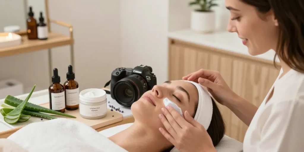 Beauty consultant applying Vitamin Rich Facial Balm in serene skincare studio, showcasing a calming ambiance.