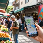Engaging urban scene with a traveler using a local guide app to explore vibrant street market.