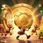 Luckywin team of ants carrying a giant poker chip in a vibrant treasure heist scene.