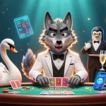 Experience thrill with fun exchange, showcasing a lively casino scene featuring diverse characters and cryptocurrency elements.