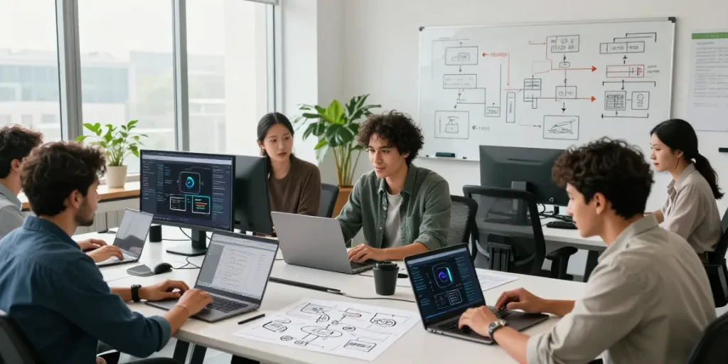 AI image detector in action, showcasing a diverse team evaluating AI-generated images in a modern tech workspace.