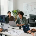 AI image detector in action, showcasing a diverse team evaluating AI-generated images in a modern tech workspace.