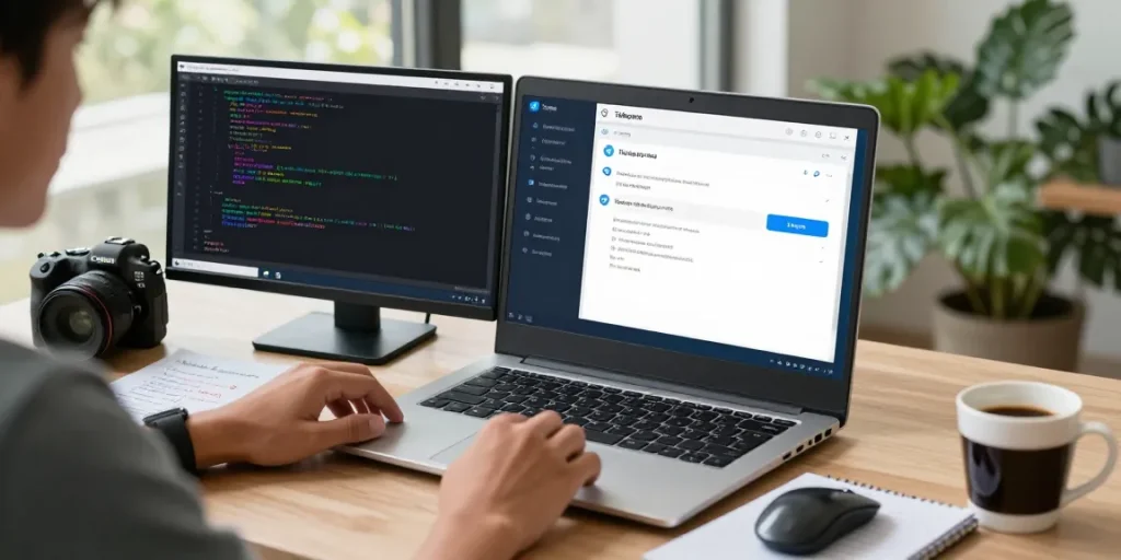 telegram china proxy setup on a laptop with dual monitors in a modern workspace