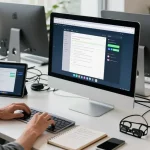 在爱思助手官网的现代办公环境中，一名用户正在使用iMac管理多款iPad，专注于高效的数据备份和应用管理。