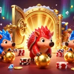 Les pangolins rivaux jouent au casino en ligne, entourés de joyaux scintillants et de trésors.