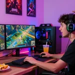 Pengguna santoto4d sedang bermain game online seru di rumah, dikelilingi peralatan gaming yang modern dan poster permainan.