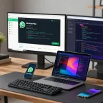 Developer using WhatsApp網頁版 on a modern dual-monitor setup.