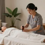 성남출장안마 전문 한국인 관리사가 편안한 공간에서 마사지를 준비하고 있습니다.