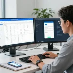 Developer analyzing age verification system data in a modern office.
