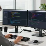 快连 developer coding in a modern workspace with dual monitors and AI tools.