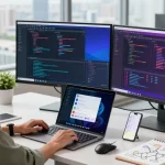 快连 software engineer coding in modern workspace with dual screens and natural lighting.