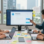 Setting up a telegram china proxy setup in a modern workspace with diverse professionals sharing ideas.