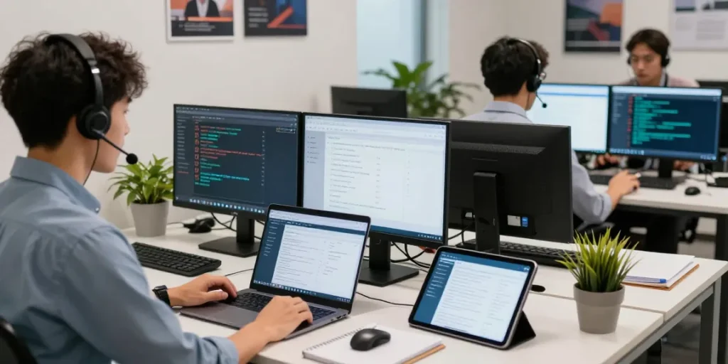 Efficient Telus-Technical-Support center with representative assisting users through multiple screens and collaborative workspace.