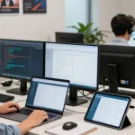 Efficient Telus-Technical-Support center with representative assisting users through multiple screens and collaborative workspace.