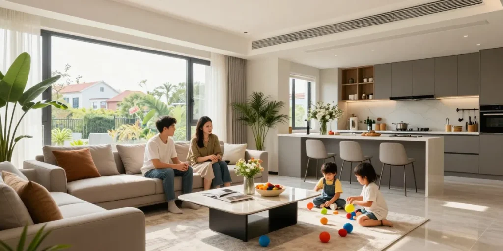 Renovated townhouse interior showcasing a modern living space, perfect for family gatherings and stylish decor.