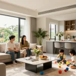 Renovated townhouse interior showcasing a modern living space, perfect for family gatherings and stylish decor.
