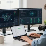 快连 network optimization workspace with software developer analyzing network performance.