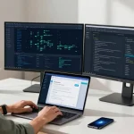 Telegram China proxy setup tutorial in a tech workspace, featuring a user configuring settings on a laptop.