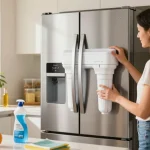 AQUA CREST DW2042FR-09 Refrigerator Water Filter being replaced in a bright modern kitchen.