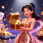 Engage with slot deposit pulsa games, featuring a joyful woman presenting treasures amidst colorful casino elements.