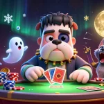 Engage in taruhan bola with a thrilling 3D scene featuring a unique bulldog dealer and fun gaming elements.