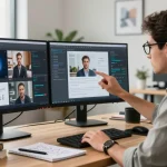 Data scientist using ai image detector tool on dual monitors in a modern workspace.