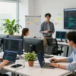 Developers collaborating on software solutions at teiegramin.com workspace