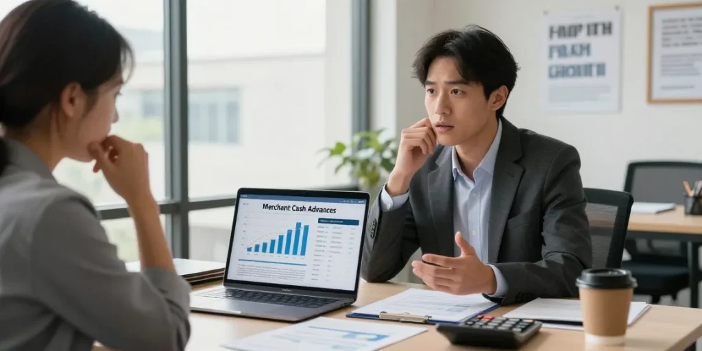 Discussion on merchant cash advances expensive costs with financial advisor and business owner in modern office setting.