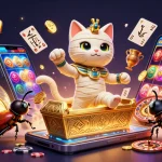 Cổng game Sunwin showcases a vibrant 3D casino scene with a mummy cat, scarab beetle, and dynamic gaming elements.