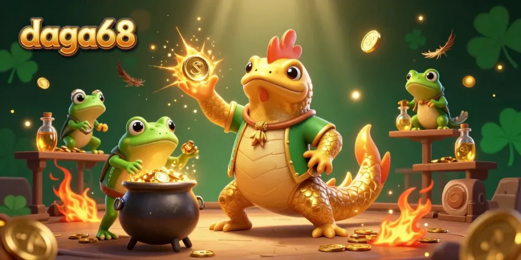 Engage with daga68 as the dynamic cockfighting arena comes alive with gold coins and lively characters.