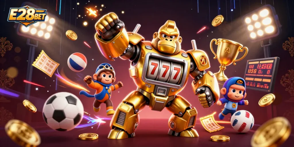 E28BET showcases a vibrant scene with a golden gorilla mech celebrating wins and betting excitement.