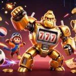 E28BET showcases a vibrant scene with a golden gorilla mech celebrating wins and betting excitement.