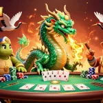 Engage with popotogel's vibrant illustration featuring a jade dragon and cartoon characters amidst a lively poker scene.