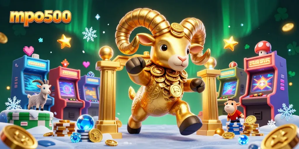 Experience the vibrant energy of mpo500 with a golden ram charging through a casino-themed scene.