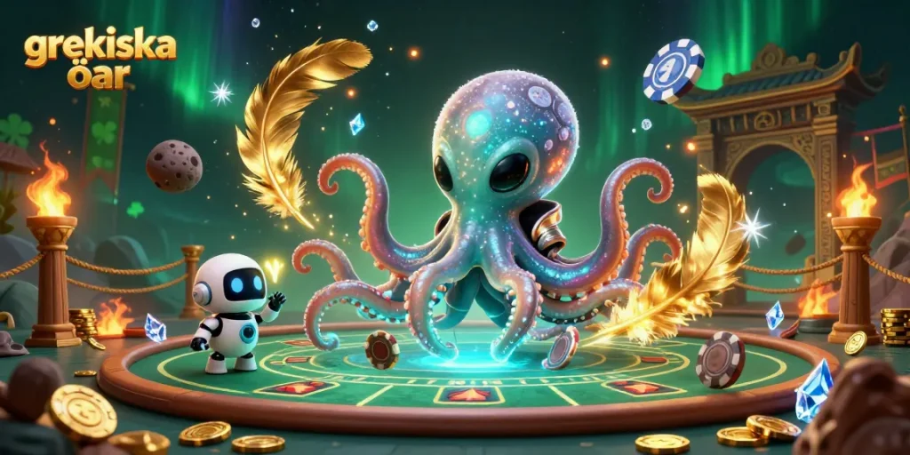 Play poker with a vibrant array of grekiska öar-themed casino elements in a dynamic alien scene.