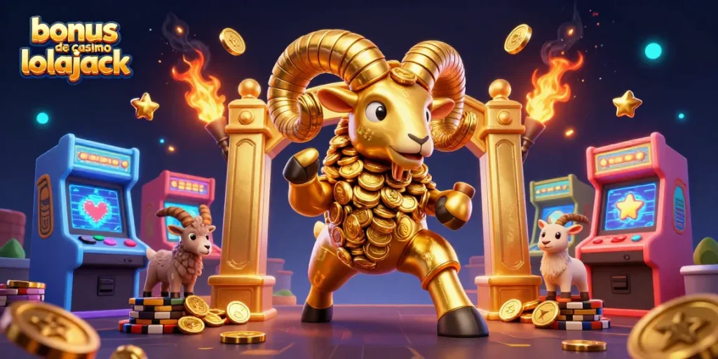 Experience the thrilling bonus de casino lolajack with a vibrant 3D ram and arcade game elements.