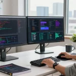 Software developer working at telegraimin.com in a modern tech office